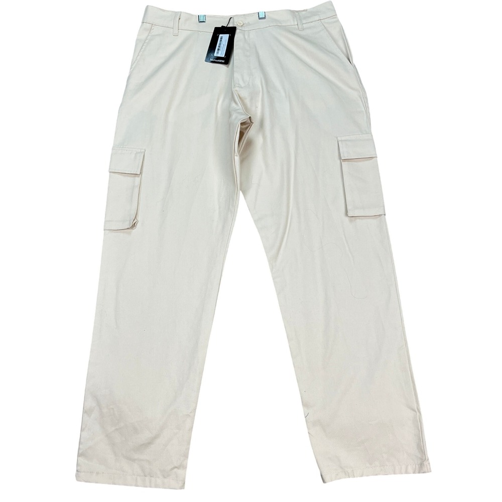 boohooMAN‎ Pants Mens 36x31 Cream Relaxed Fit Cargo Trousers Flap Pocket Twill
